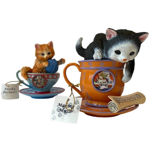 2 Jürgen Scholz Cozy Kitten Teacups Making Music & Frisky Business Cat Figurines - Picture 2 of 14